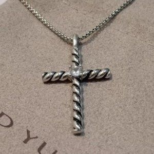 DY  Classic Cross Pendant in Sterling Silver with Center Diamond